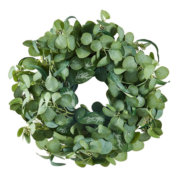 Coroana decorativa artificiala VEVOR, 66x66cm, frunze de eucalipt, verde, utilizare interioara si exterioara