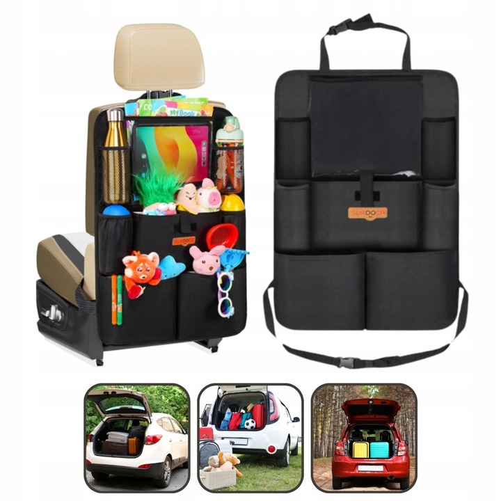 Organizator auto, 9 compartimente, impermeabil, pentru tableta de pana la 11 inch, negru, 63x44cm