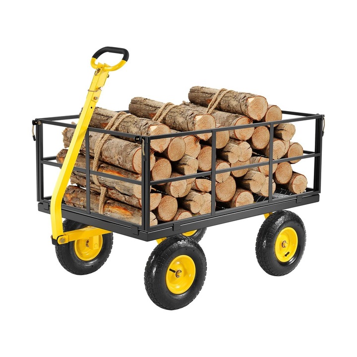 Carucior de Gradina VEVOR, 1400 lbs, 2 in 1, roti all terrain de 13", galben si negru, dimensiuni 2225x760x775mm