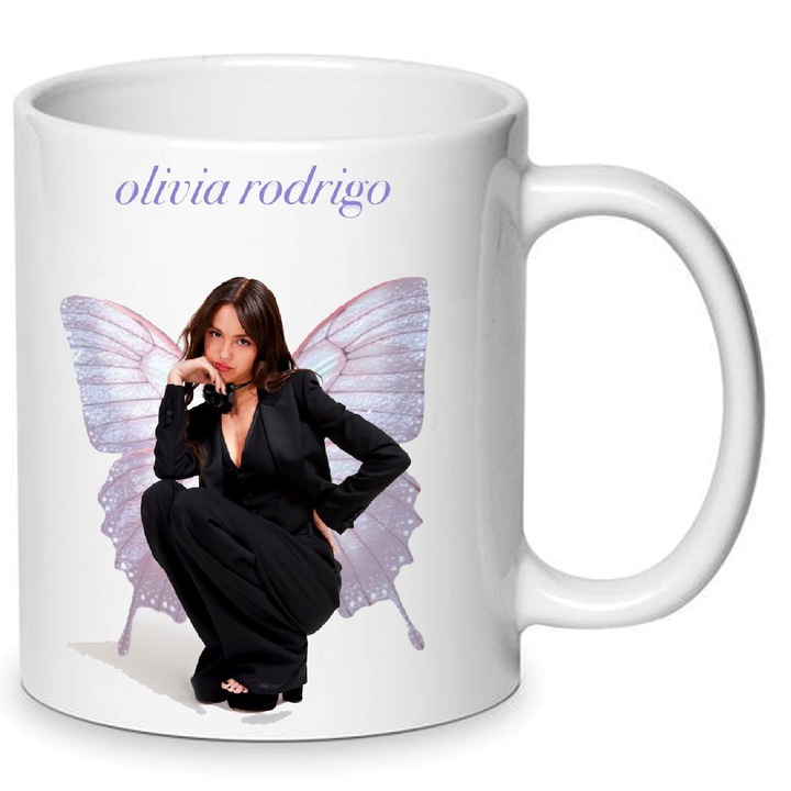 Cana Olivia Rodrigo No6 330ml ceramica alba, design modern, imprimare de inalta definitie, rezistenta la masina de spalat.