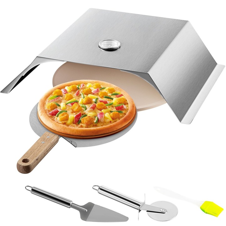 Set cuptor pizza, VEVOR, din otel inoxidabil, cu camera pentru pizza, piatra rotunda 33cm, spatula 10x11.8 inch