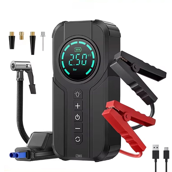 Compresor De Aer SIKS, Starter Auto Cu Pornire Rapida, 6000mah, 150PSI, Portabil Si Multifunctional, Ecran Digital, Incarcare USB, Usor de Utilizat, Oprire Automata, Lanterna LED SOS, Baterie Externa Si Accesorii Complete, USB C, Negru