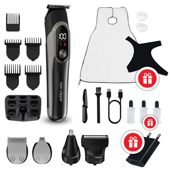 Set trimmer electric tuns si ingrijire personala GDTLINE®, reincarcabil, multifunctional 5 in 1, pelerina barbierit, 3 rezerve ulei profesional pentru intretinere, sablon ghidare contur barba, incarcator de priza USB portabil, 5V 1A port USB