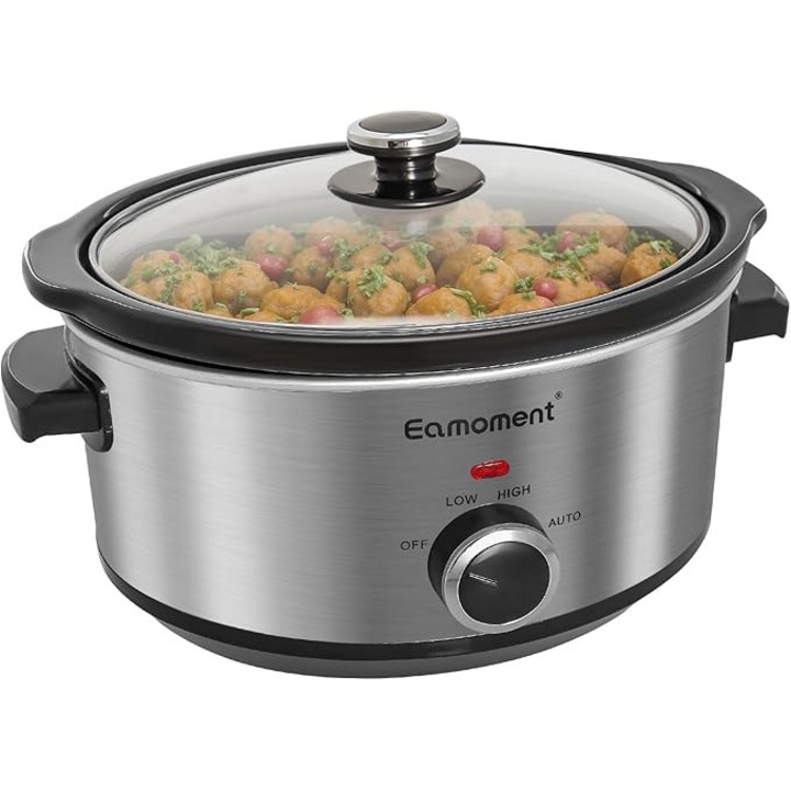 Eamoment Slow Cooker, oala lenta din otel inoxidabil de 3, 5 L cu vas ceramic, temperatura reglabila, vas ceramic sigur pentru masina de spalat vase si capac din sticla securizata, 200 W