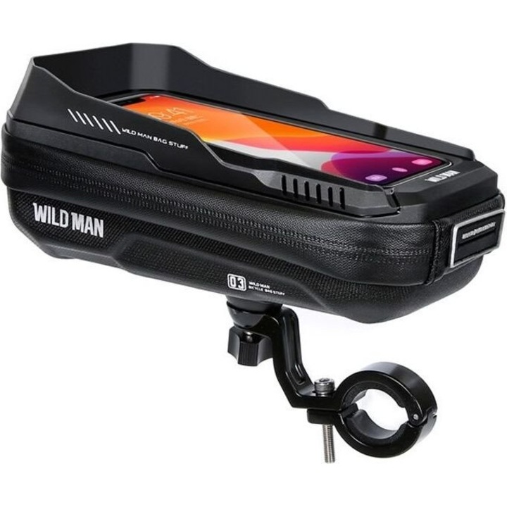 Portbagaj bicicleta WILDMAN XT3S, 0.5L, impermeabil, pentru smartphone 4''-7'', 18x9x7cm, negru