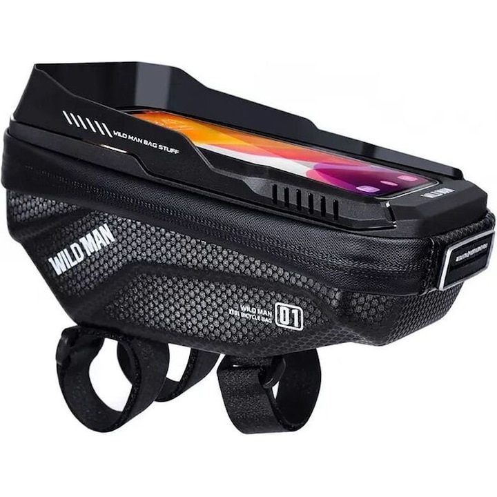 Geanta portbagaj bicicleta WILDMAN XT1, 1L, impermeabila, 21x10x9cm, pentru telefoane 4"-7", neagra