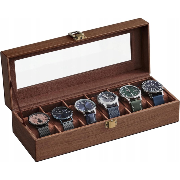 Cutie pentru ceasuri, 6 compartimente, sticla, 30x11x8cm, culoare maro, set