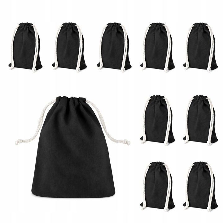 Set 10 pungi din bumbac 15x20 cm, negru cu snur alb, 220g