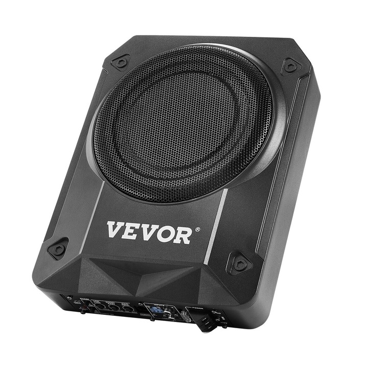 Subwoofer auto 8", VEVOR, 800W, amplificator incorporat, dimensiuni 322x235x75mm, instalare sub scaun