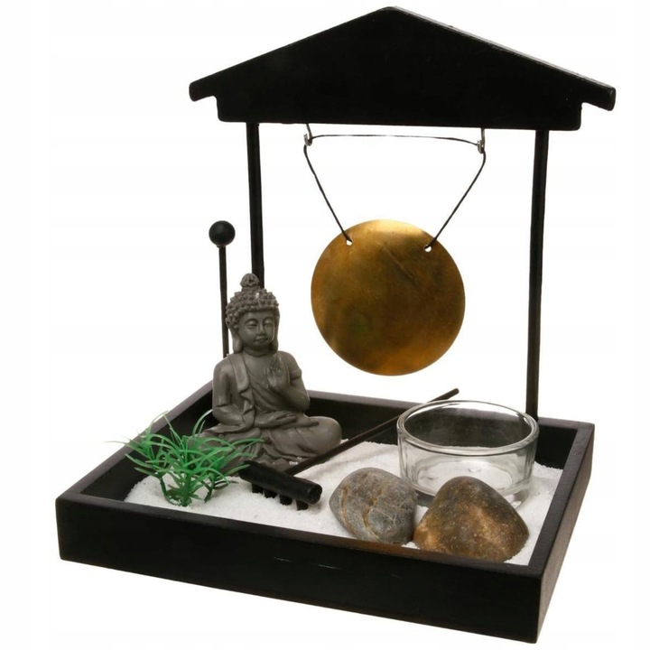 Декоративен Дзен комплект, фигура на Буда, гонг, антистрес елементи, черен, 16x15x12cm