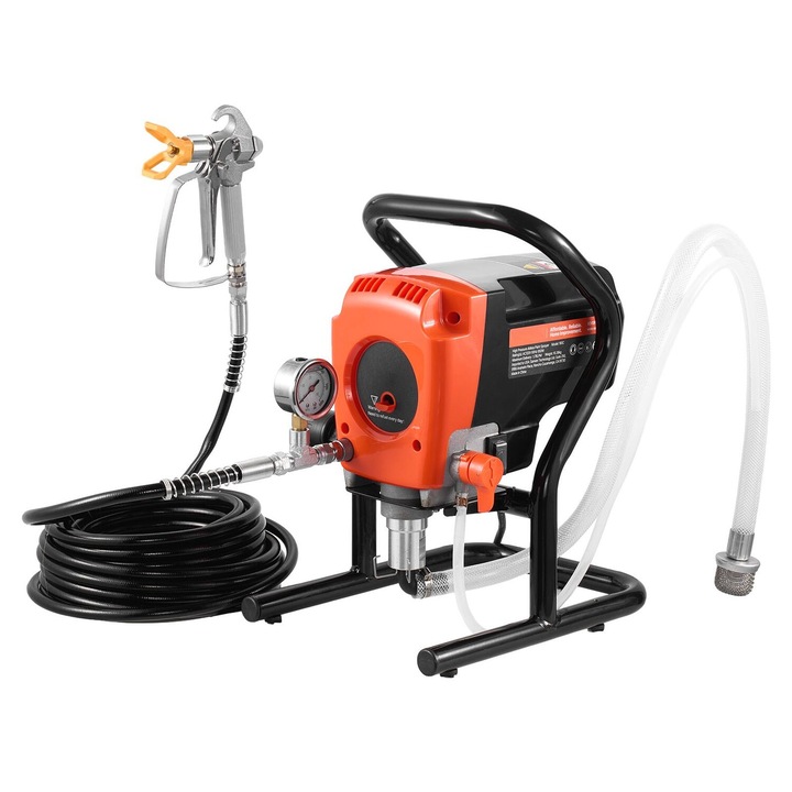 Pistol de vopsit Airless VEVOR, 900W, 3300PSI, set complet cu perie de curatare, furtun 15.24m, duze 317/417/515/517/519, dimensiuni 335x265x415mm