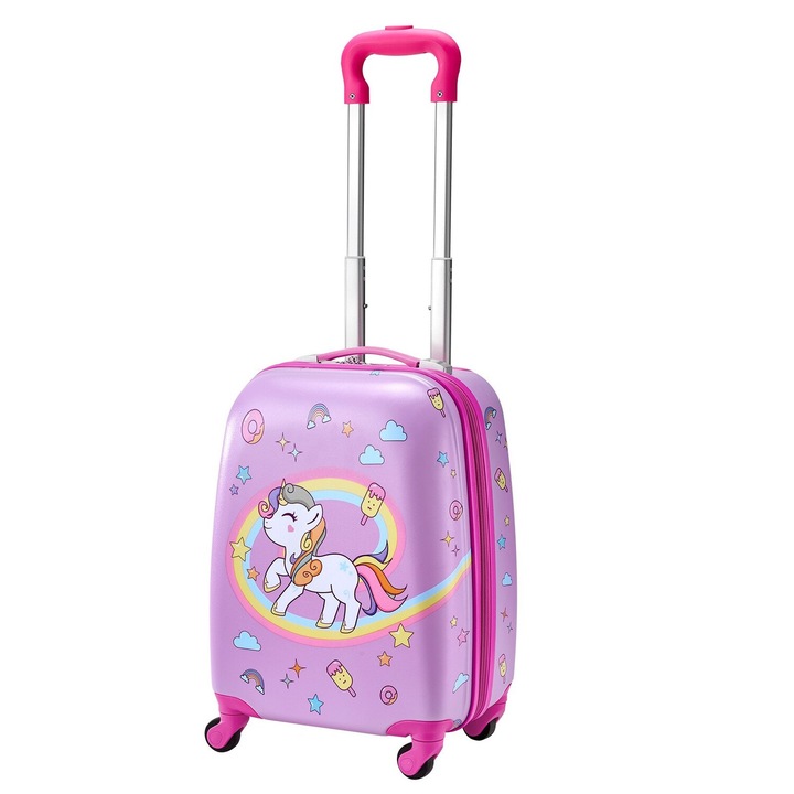 Set 5 piese bagaj pentru copii, 5 piese, valiza cu roti 45.7 cm, rucsac, perna U, model unicorn, roz