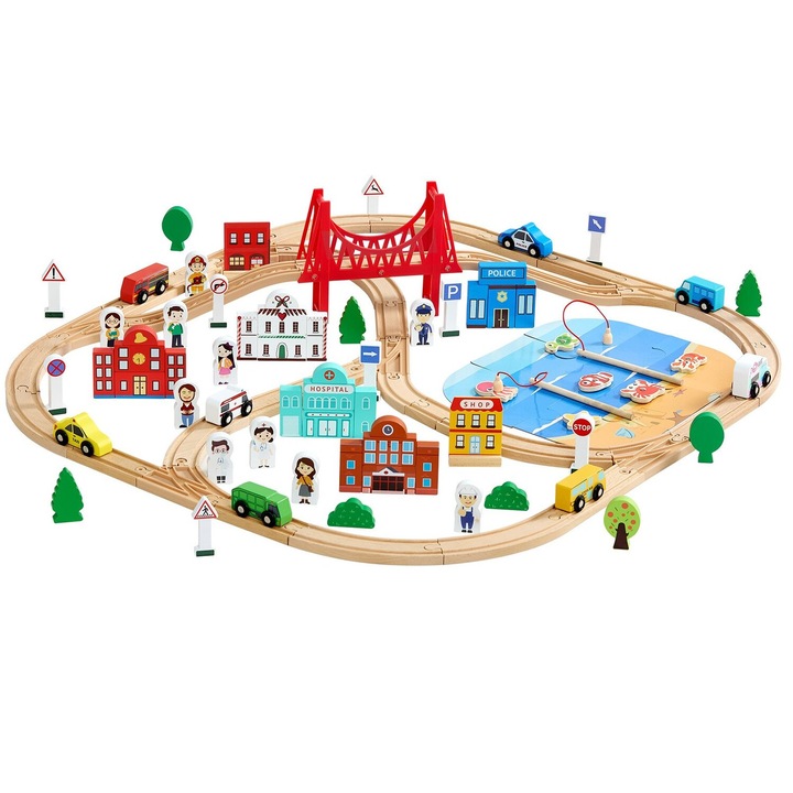 Set trenulet 113 piese, VEVOR, lemn, tema oras, cutie de depozitare, joc interactiv, pentru copii 3-8 ani