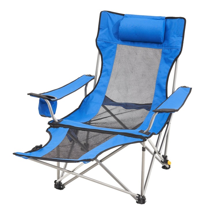Scaun de camping pliabil VEVOR, 330 lbs, albastru, cu suport pentru picioare, suport pentru cana, dimensiuni 1530x830x730mm