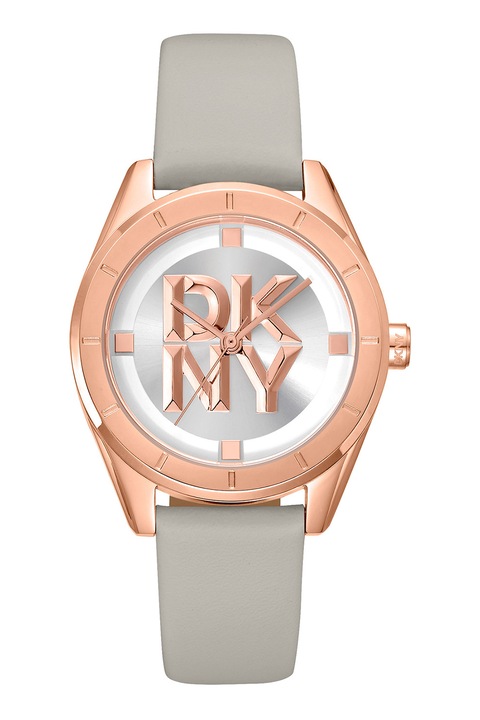 DKNY, Ceas din otel inoxidabil cu o curea din piele, Gri cenusa
