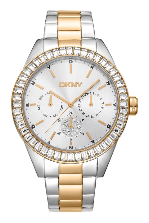 DKNY, Часовник от неръждаема стомана с кристали, Сребрист, Златист