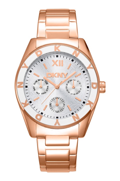 DKNY, Ceas rotund din otel inoxidabil cu logo, Auriu rose