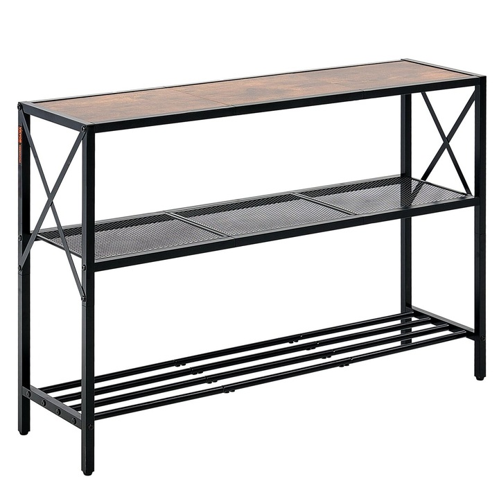 Masa Consola Ingusta VEVOR, 3 Rafturi, Culoare Maro + Negru, 106x29.5x73.5cm