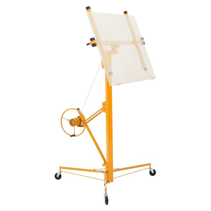 Lift pentru gips-carton VEVOR, 4877 mm, capacitate 68 kg, roti blocabile, culoare galbena, dimensiuni 1530x1530x1940 mm