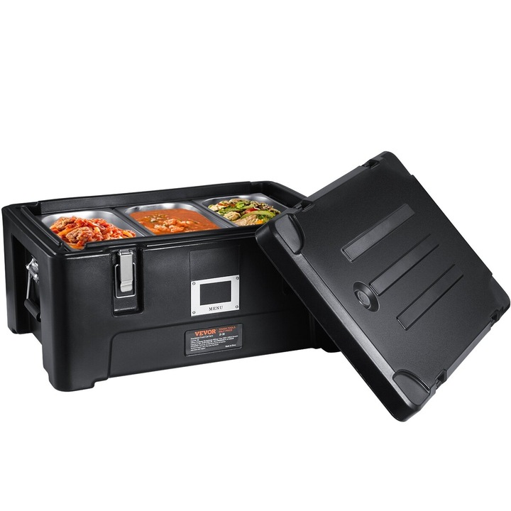 VEVOR élelmiszer-melegítő doboz, 36Qt, 3 rozsdamentes acél tálcával, fekete, külső méretek 24.7x17x12.2 hüvelyk
