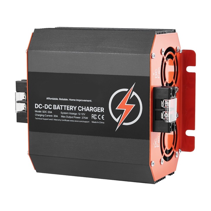 DC-DC зарядно устройство за батерии 12V 30A VEVOR, 375W, за оловно-киселинни и литиеви батерии, пълна защита, лесно наблюдение