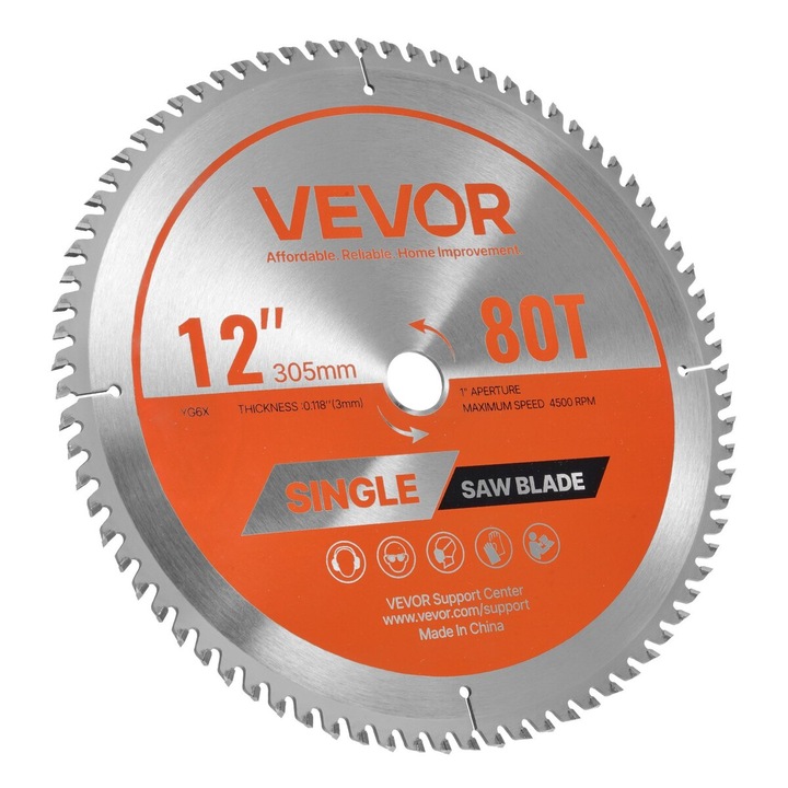 Disc de feronerie circular, VEVOR, 305 mm, 80 dinti, taiere lemn, 25.4 mm arbore