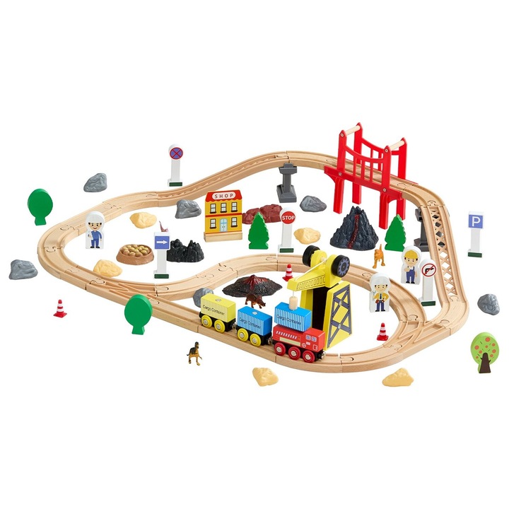 Set tren din lemn 70PCS, VEVOR, cu macara magnetica, figurine si semne, multicolor, pentru copii 3-8 ani