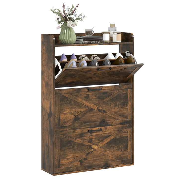 Dulap pentru pantofi, 3 sertare, maro rustic, 80x24x118 cm, 24 perechi