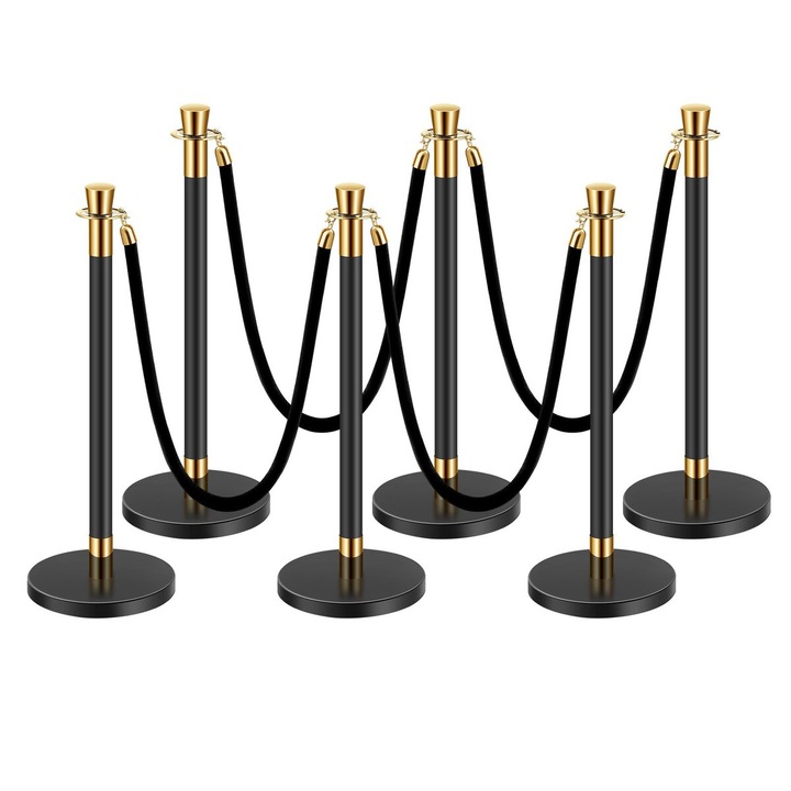 Set 6 Stalpi de Control al Multimii cu 4 Corde de Catifea Neagra, Inox, 12.91x35.04in, Negru