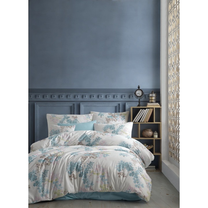 Set de lenjerie de pat dubla, bumbac 100%, cu 2 fete de perna de 50x70cm, Valentini Bianco, Elina