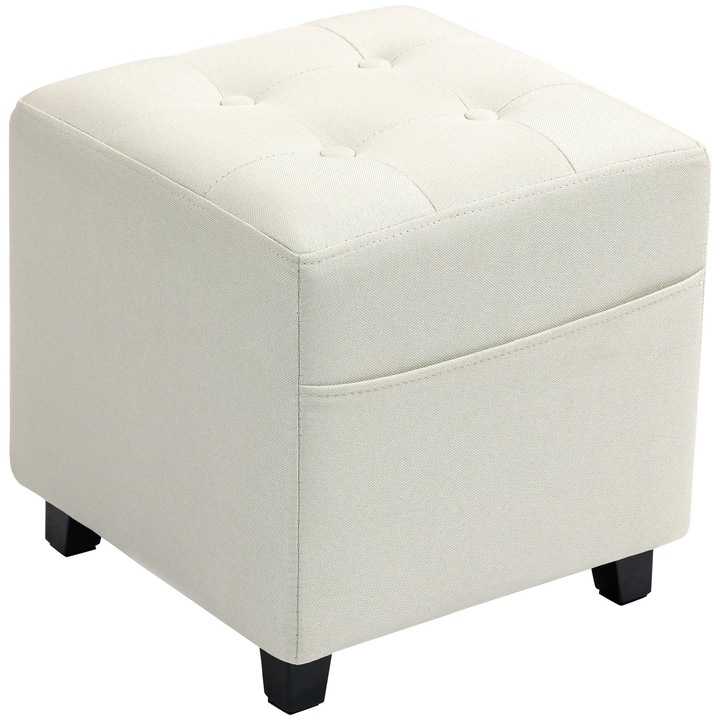 Taburet Ottoman crem, material textil, picioare din lemn, dimensiune 35x35x35 cm, buzunar lateral