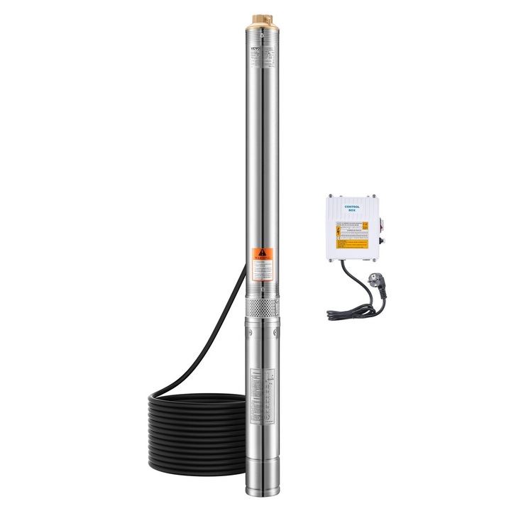 Pompa submersibila pentru fantani adanci VEVOR, 750W, 65L/min, 64m, din otel inoxidabil, cu cutie de control extern