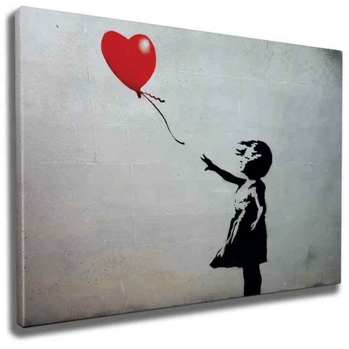 Tablou decorativ Re-Bloom, model fetita cu balonul, lemn, gri/negru/rosu, 50 x 70 cm