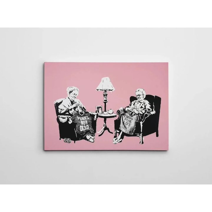 Tablou decorativ Re-Bloom, panza/lemn, roz/alb/negru, 50 x 70 cm