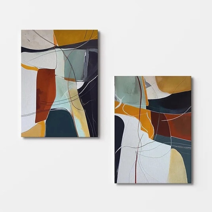 Set 2 tablouri decorative Re-Bloom, model abstract, lemn/panza, multicolor, 50 x 70 cm