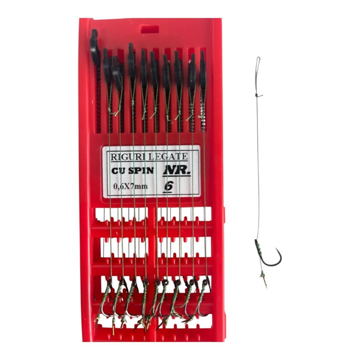 Carlige gata legate crap Smax nr 6 cu spin, set 20 bucati gata legate, carlig wide gape teflonat, fir textil X8, cu suport