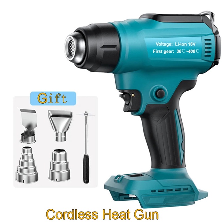 Pistol cu aer cald fără fir, set cu 4 duze, bej, alimentare 18 V, dimensiuni compacte