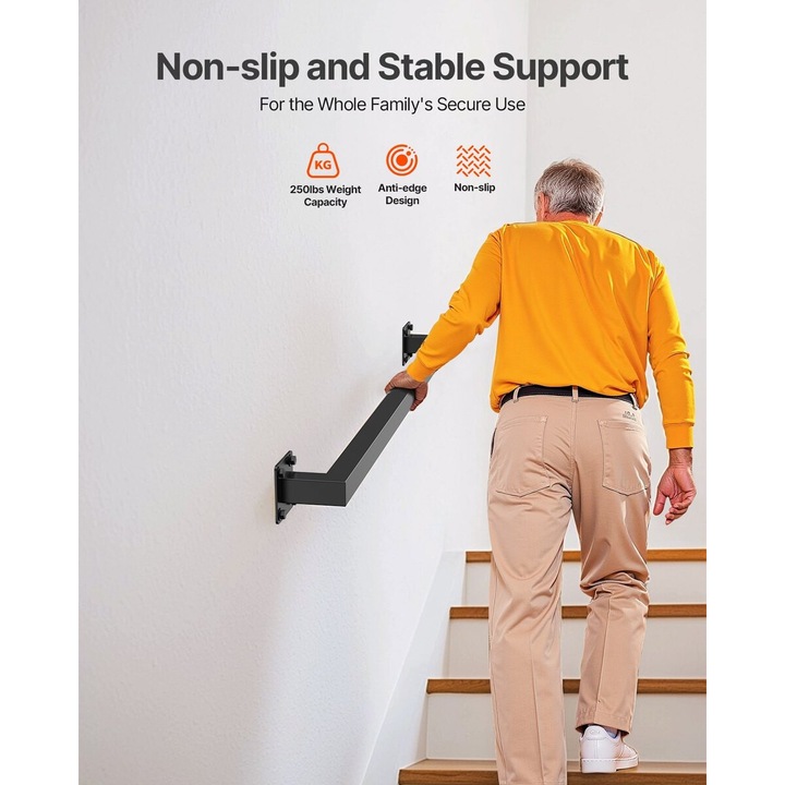 Balustrada de scara montata pe perete, VEVOR, 910x80x70mm, capacitate 113kg, design anti-tepus, negru