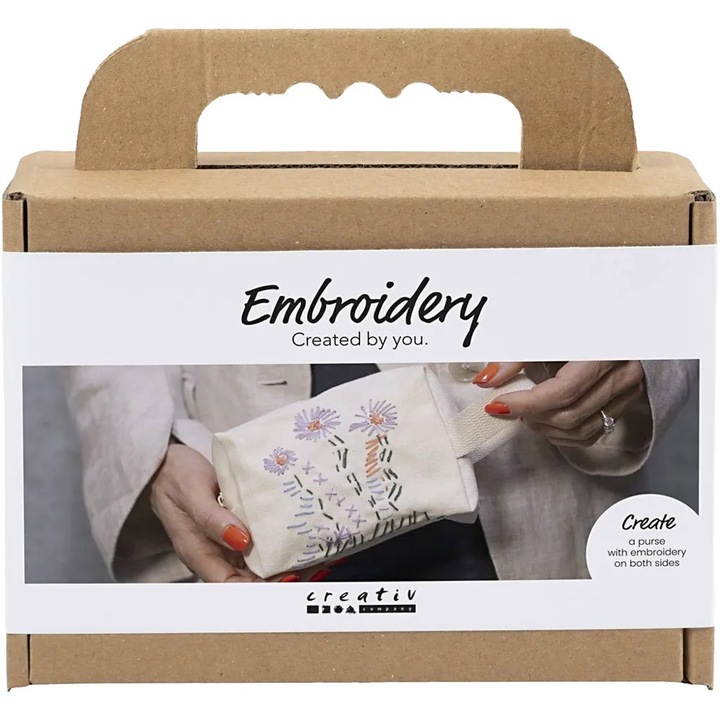 Mini kit creativ pentru broderie Creativ Company, Embroidery, DIY complet, dificultate: incepator, decorare portfard, broderie manuala, design floral, posibilitate de personalizare, activitate creativa/relaxanta/antistres, ideal cadou, crem