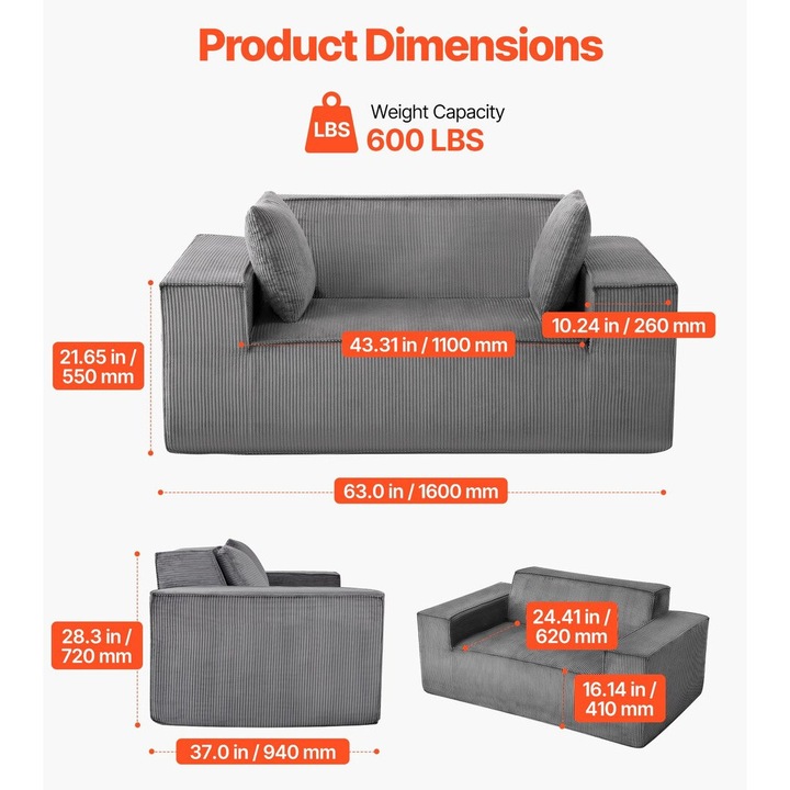 Canapea Loveseat VEVOR, 160 cm, gri, 2 locuri, fara asamblare, confortabila, suport ergonomic