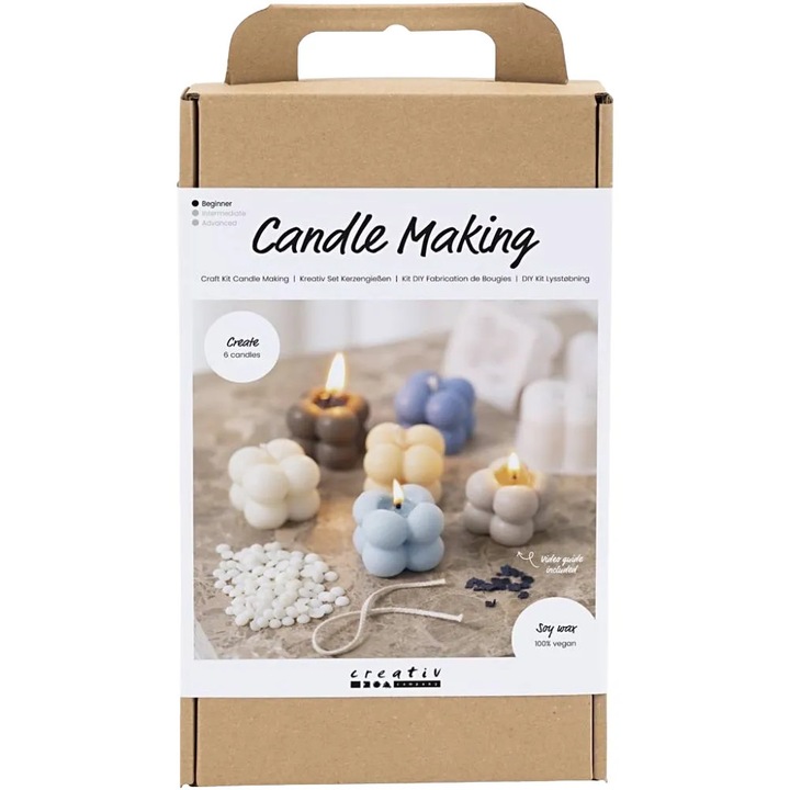 Kit creativ pentru lumanari Creativ Company, Candle Making, potrivit pentru incepatori, varsta recomandata 10+ ani, creatie 6 lumanari cu forma bubble, 100% vegan, ceara din soia, activitate creativa/relaxanta, rezultat final decorativ/functional, bej