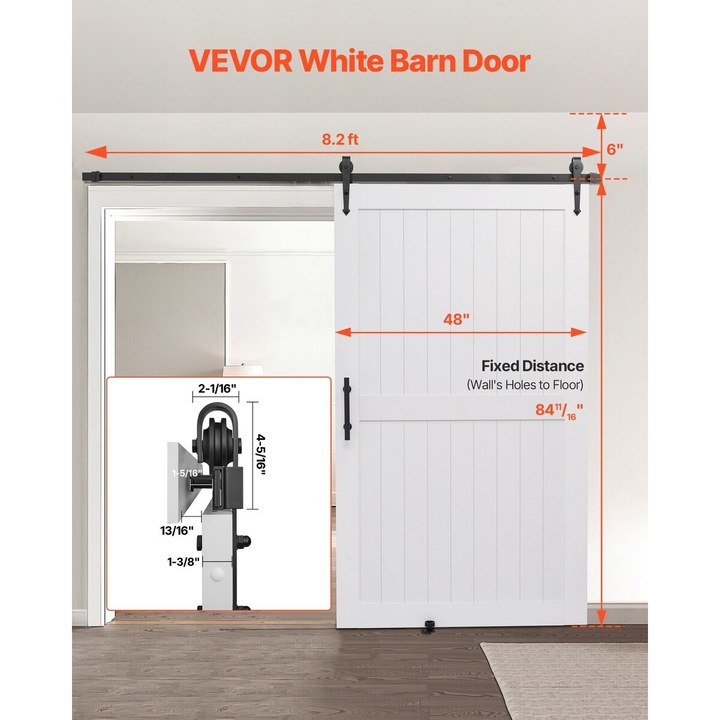 Usa glisanta de ferma VEVOR, 1219 x 2134mm, panou MDF, suprafata PVC impermeabila, set hardware, tip H, alb