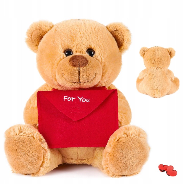 Ursulet de plus cu mesaj, 25 cm, rosu, set cu plic "For You"