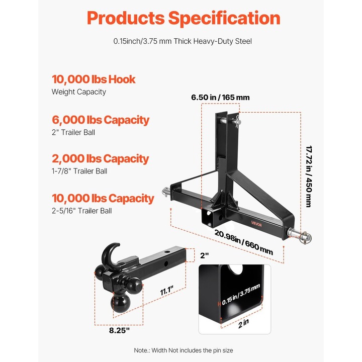 Carlig de remorcare 3 puncte, VEVOR, atasament rapid, dimensiuni 660x165x450mm, negru, 1 bucata
