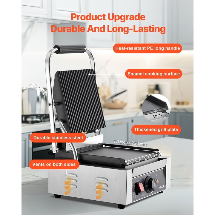 Gratar electric pentru sandvisuri VEVOR, 1800W, 22x23 cm, din otel inoxidabil, control temperatura, set multifunctional