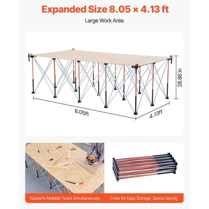 Masuta de lucru pliabila VEVOR, 2455 x 1260 mm, capacitate 2724 kg, design portabil, fara asamblare
