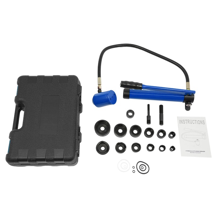 Set de poansonare hidraulica, 80 kN, pompa manuala, 6 matrite 1, 27–5, 08 cm, Albastru