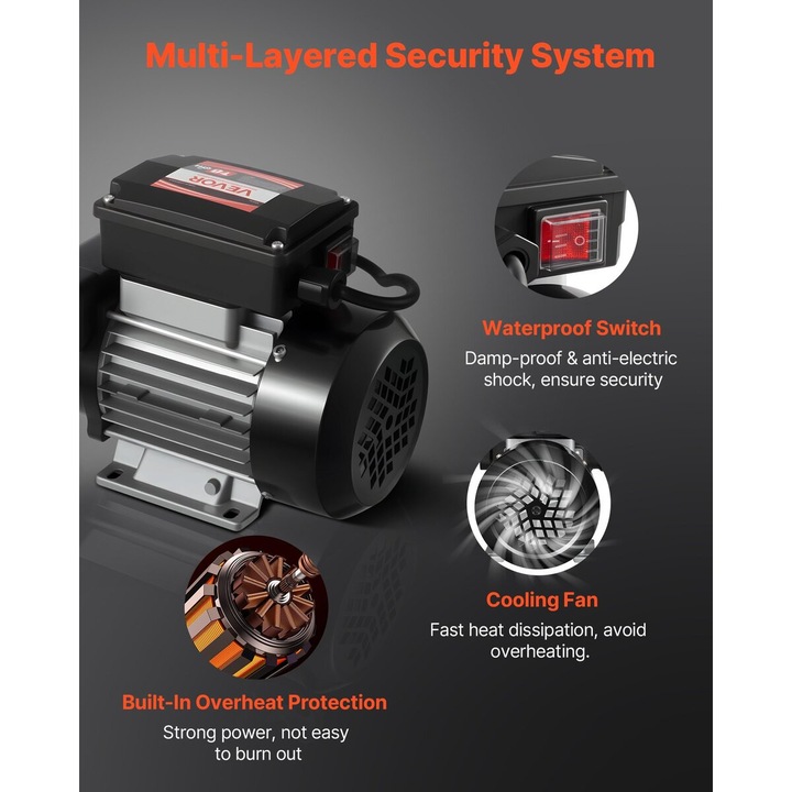 Pompa de transfer ulei VEVOR, electrica 230V, 16 GPM, 60 L/min, pentru diesel si biodiesel, inaltime maxima 45 ft, 8 ft capacitate de aspiratie