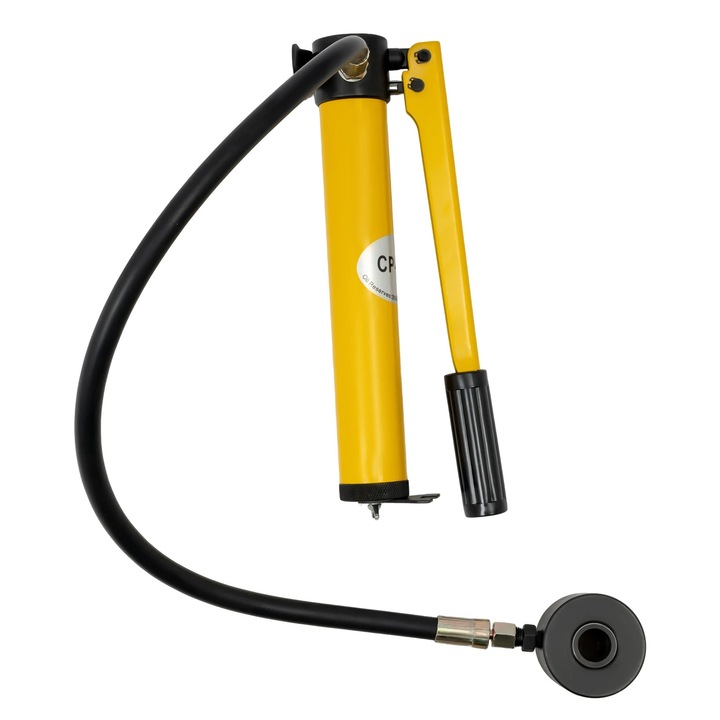 Hidraulikus lyukasztó készlet, Kézi 8 t, 6 matrica 22–60 mm, Kapacitás 3 mm lágyacél, 1,2 mm rozsdamentes acél, Cr40 acél matricák, Szerszámosládával, Sárga