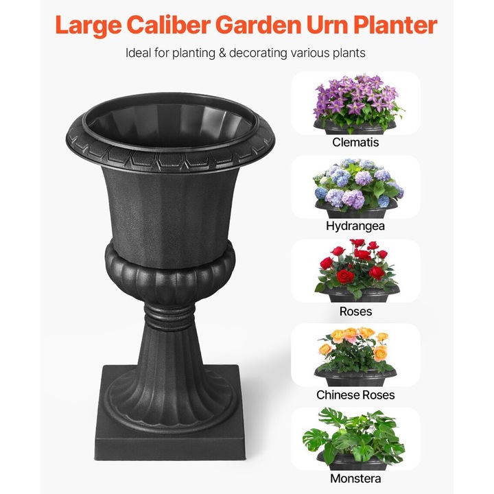 Ghiveci tip urna din plastic, VEVOR, set de 2, 40x67cm, negru, pentru interior si exterior